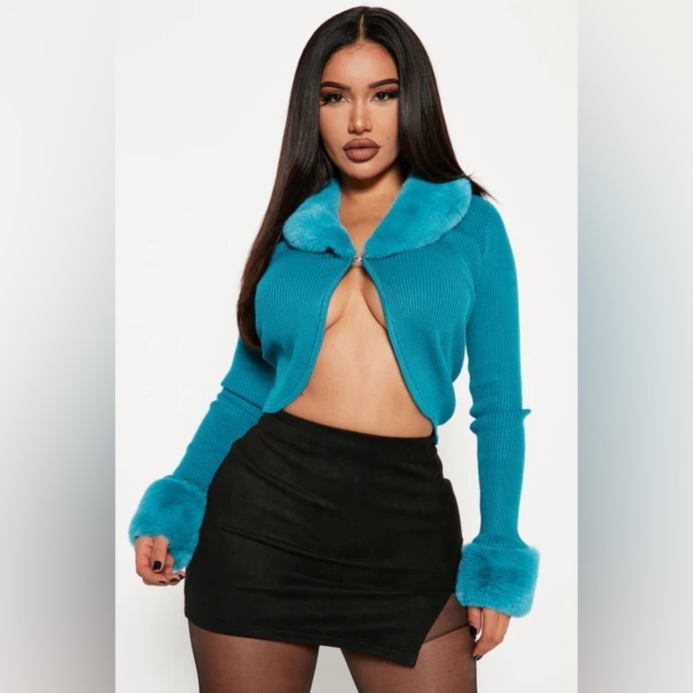 Fashion Nova Be Fur Real Cropped Cardigan teal medium